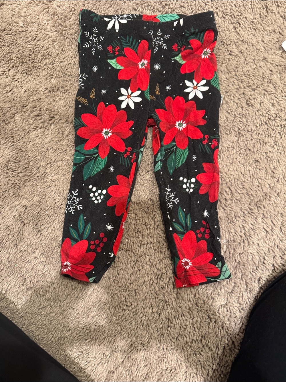Little Sleepies Black Leggings with Red Poinsettia Floral Print